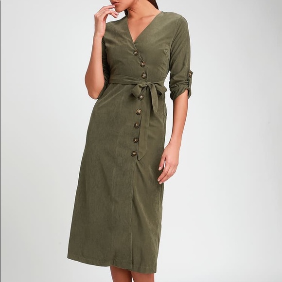LULU’s Pull Me Close Green Suede Button-Up Dress - Picture 11 of 13